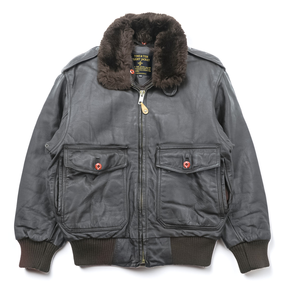 Vintage 90s TIME & TIDE Leather Flight Jacket G-1 Style Dark Brown Size 40 Bomber Fur Collar