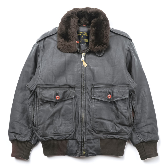 TIME & TIDE 90年代 ヴィンテージ G-1 レザー フライトジャケット L ブラウン 中綿 エポレット チンストラップ 襟ボア着脱式