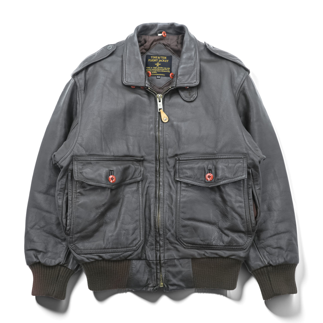 Vintage 90s TIME & TIDE Leather Flight Jacket G-1 Style Dark Brown Size 40 Bomber Fur Collar