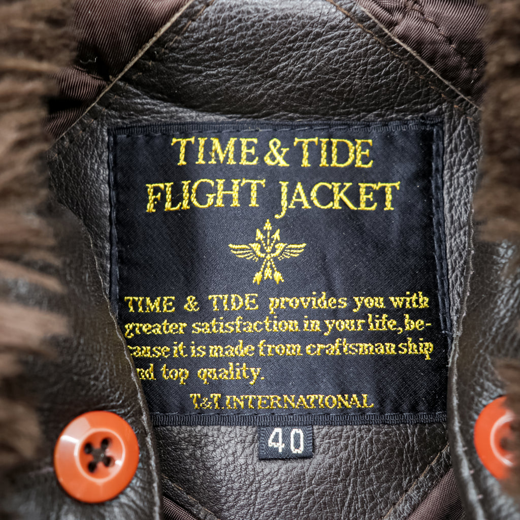 Vintage 90s TIME & TIDE Leather Flight Jacket G-1 Style Dark Brown Size 40 Bomber Fur Collar
