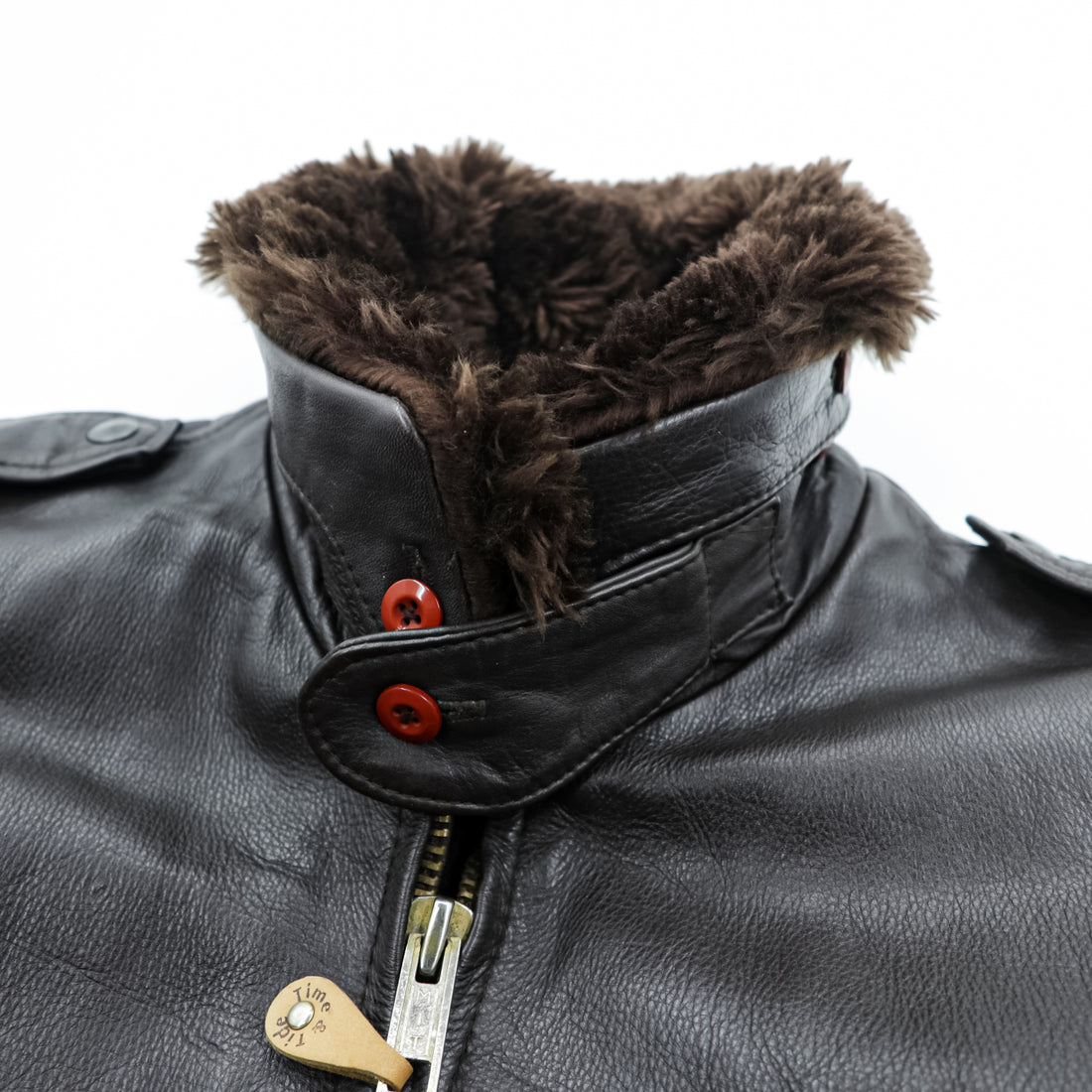 Vintage 90s TIME & TIDE Leather Flight Jacket G-1 Style Dark Brown Size 40 Bomber Fur Collar