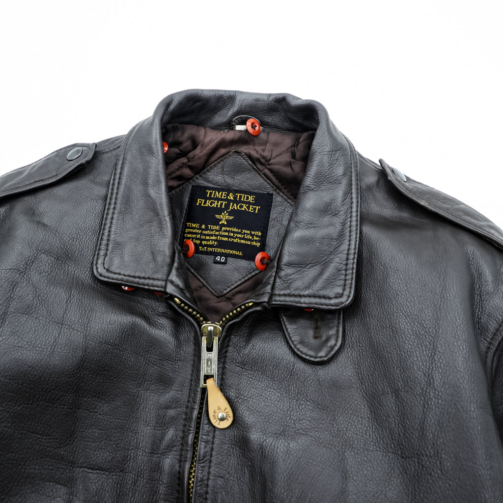 Vintage 90s TIME & TIDE Leather Flight Jacket G-1 Style Dark Brown Size 40 Bomber Fur Collar