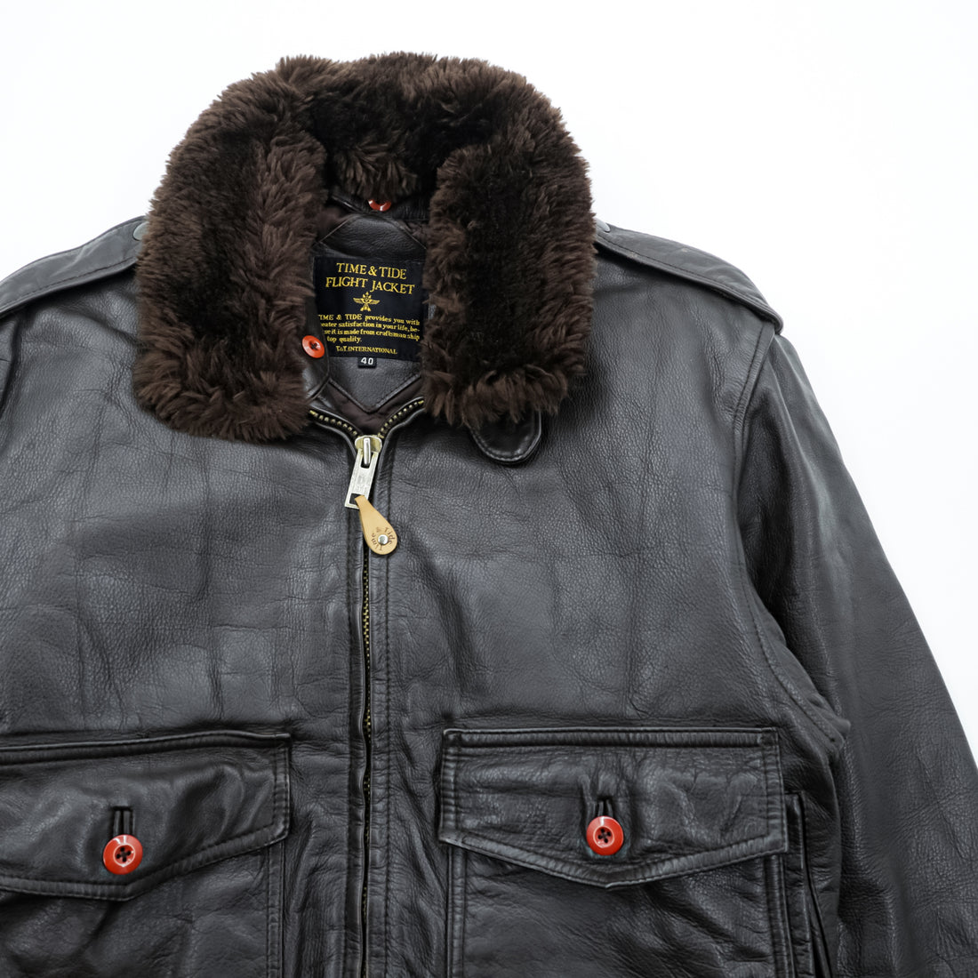 Vintage 90s TIME & TIDE Leather Flight Jacket G-1 Style Dark Brown Size 40 Bomber Fur Collar