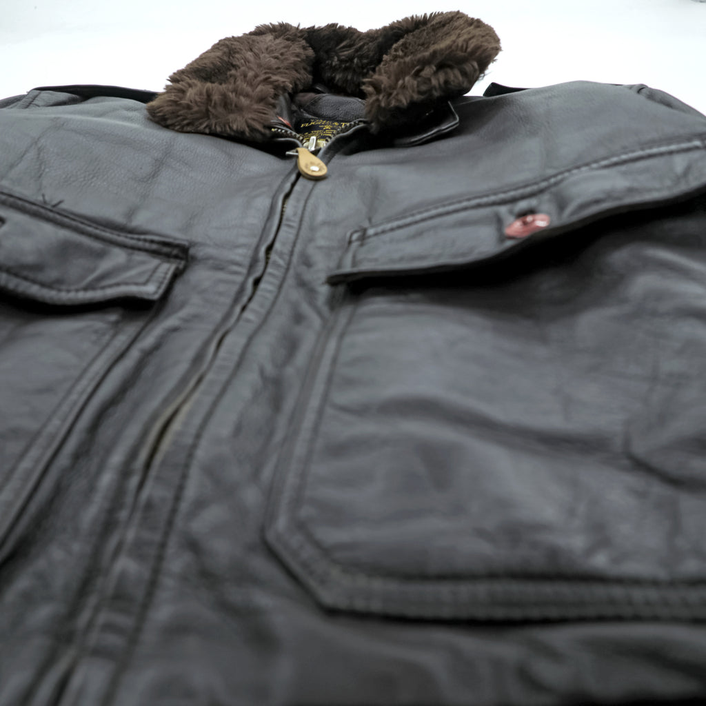 Vintage 90s TIME & TIDE Leather Flight Jacket G-1 Style Dark Brown Size 40 Bomber Fur Collar