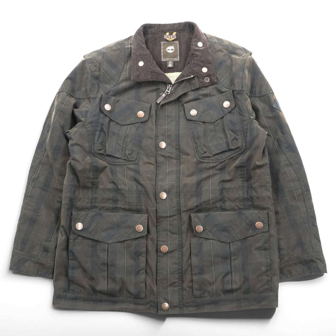 Timberland × British Millerain オイルド ハンティングジャケット L チェック チンストラップ 襟コーデュロイ 英国製生地 ワックスコットン