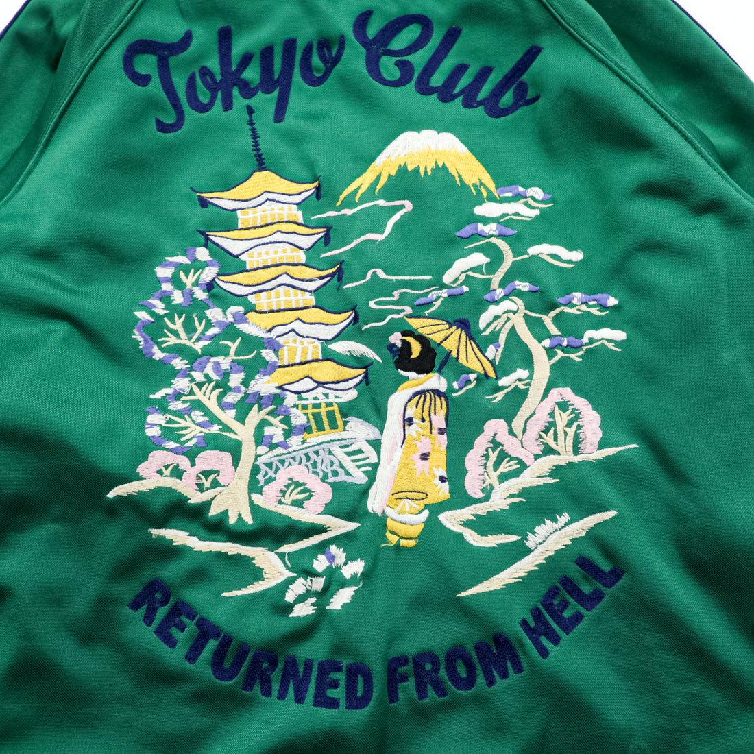 Toyo Enterprise Souvenir Track Jacket Embroidery Geisha Mt Fuji Tokyo Club Green Rare