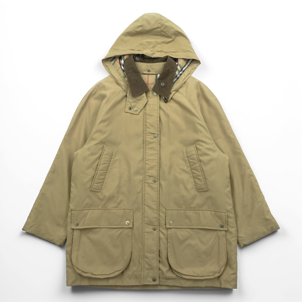 BURBERRY 90年代 USA製 ハンティングジャケット 中綿 フィールドコート M ベージュ 裏地ノバチェック 襟コーデュロイ フード着脱 チンストラップ