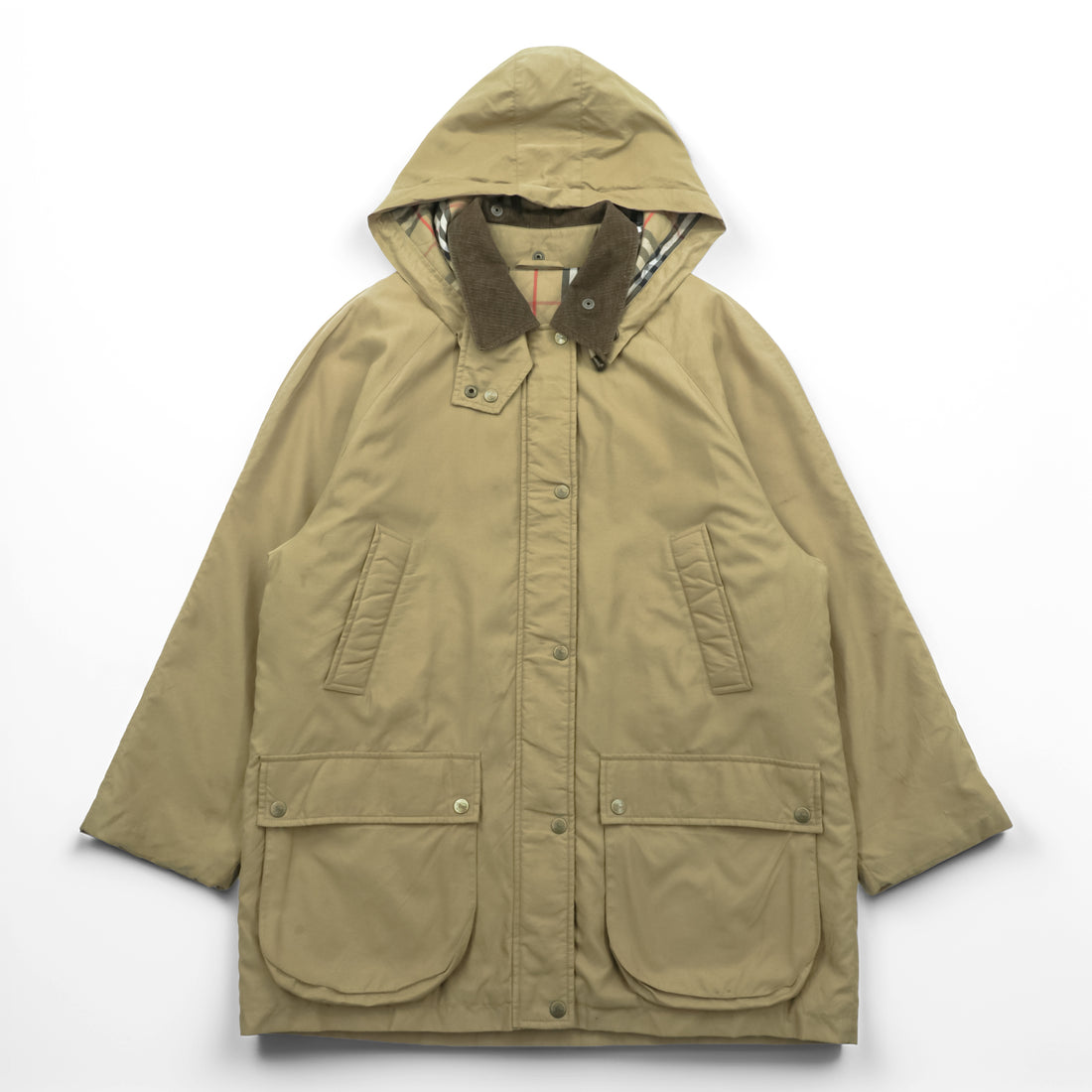 BURBERRY 90年代 USA製 ハンティングジャケット 中綿 フィールドコート M ベージュ 裏地ノバチェック 襟コーデュロイ フード着脱 チンストラップ