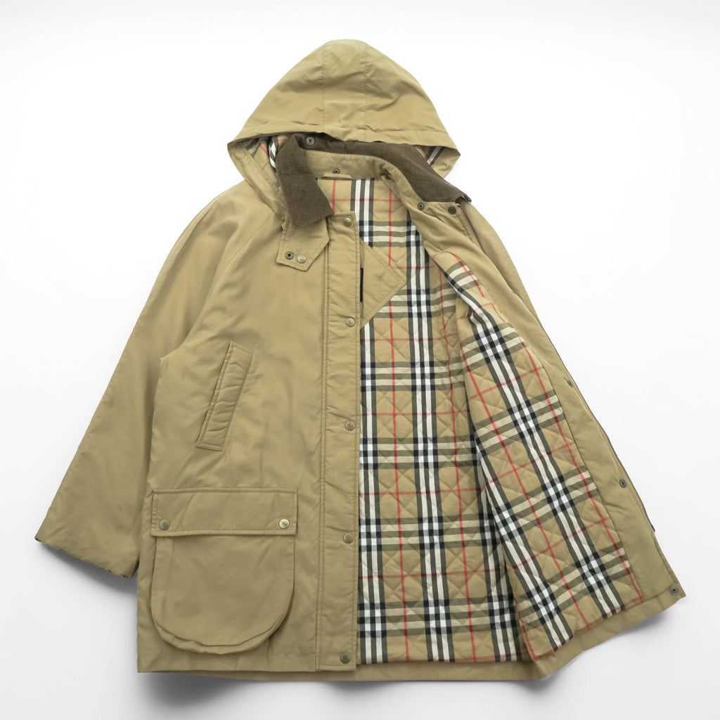 BURBERRY 90年代 USA製 ハンティングジャケット 中綿 フィールドコート M ベージュ 裏地ノバチェック 襟コーデュロイ フード着脱 チンストラップ