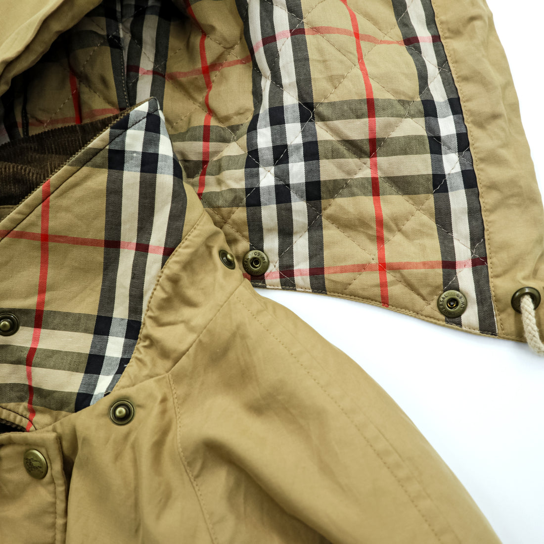 BURBERRY 90年代 USA製 ハンティングジャケット 中綿 フィールドコート M ベージュ 裏地ノバチェック 襟コーデュロイ フード着脱 チンストラップ