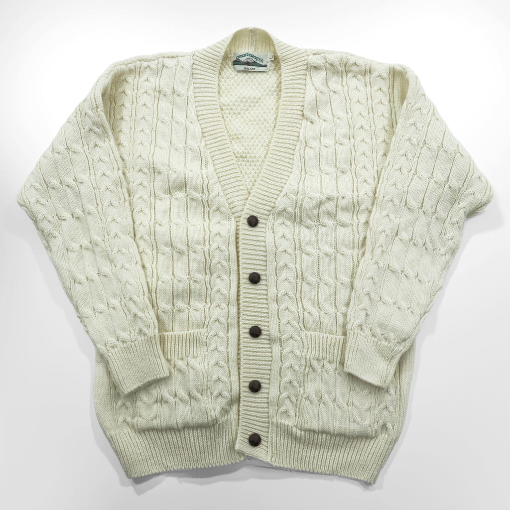 ARAN CRAFTS 90年代 アイルランド製 ヴィンテージ フィッシャーマン アラン ニット カーディガン L  ナチュラル 生成り ケーブル編み