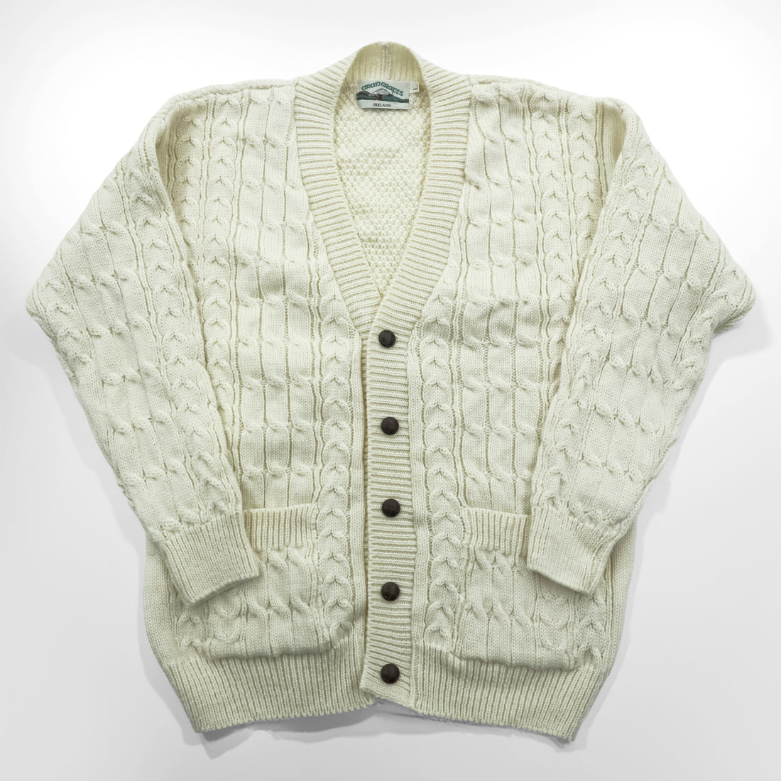 ARAN CRAFTS 90年代 アイルランド製 ヴィンテージ フィッシャーマン アラン ニット カーディガン L  ナチュラル 生成り ケーブル編み
