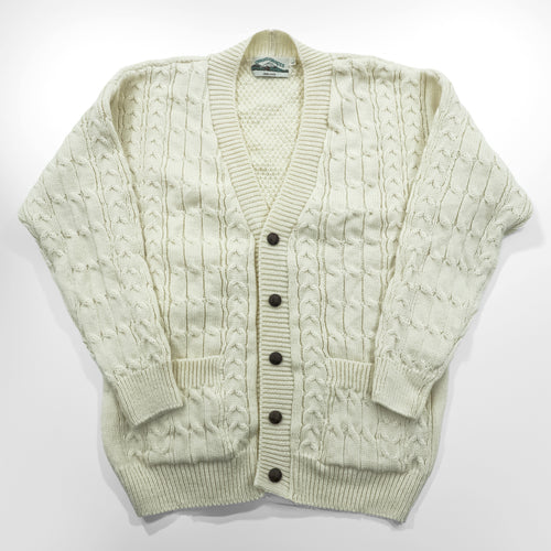 Vintage Aran Crafts Ireland Wool Cable Knit Fisherman Cardigan L Ivory Made in Ireland