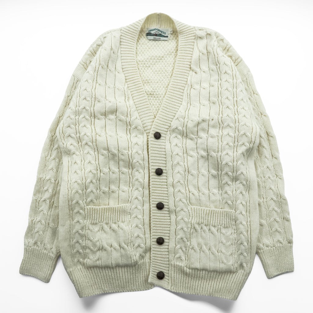 ARAN CRAFTS 90年代 アイルランド製 ヴィンテージ フィッシャーマン アラン ニット カーディガン L  ナチュラル 生成り ケーブル編み