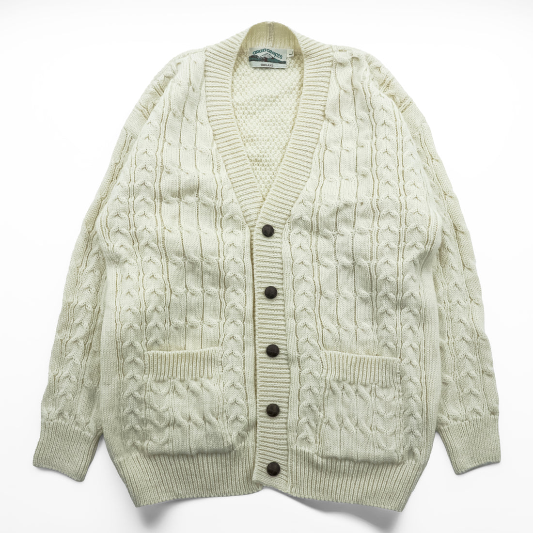 Vintage Aran Crafts Ireland Wool Cable Knit Fisherman Cardigan L Ivory Made in Ireland