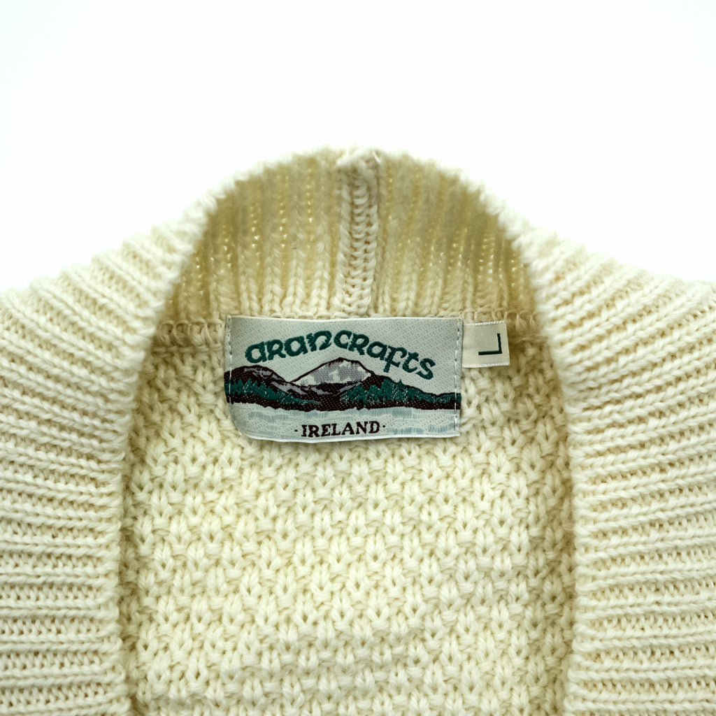 ARAN CRAFTS 90年代 アイルランド製 ヴィンテージ フィッシャーマン アラン ニット カーディガン L  ナチュラル 生成り ケーブル編み