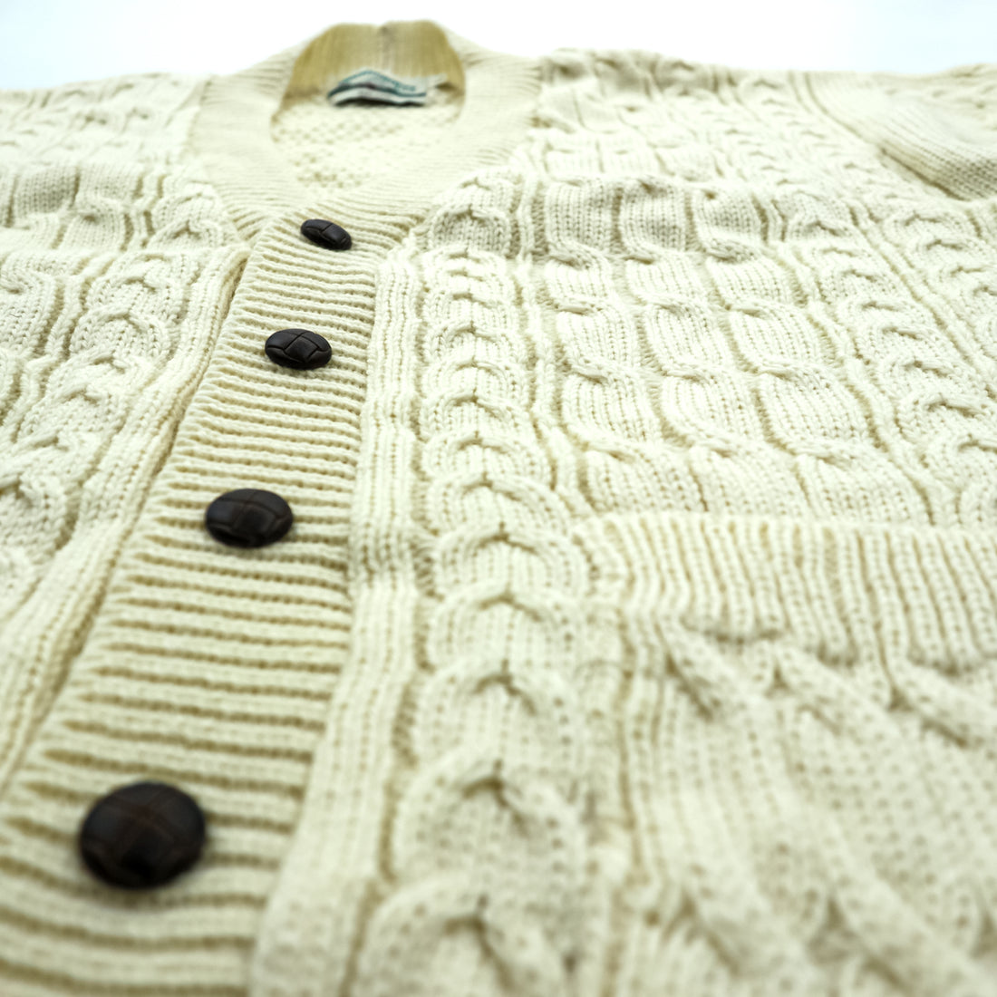 ARAN CRAFTS 90年代 アイルランド製 ヴィンテージ フィッシャーマン アラン ニット カーディガン L  ナチュラル 生成り ケーブル編み