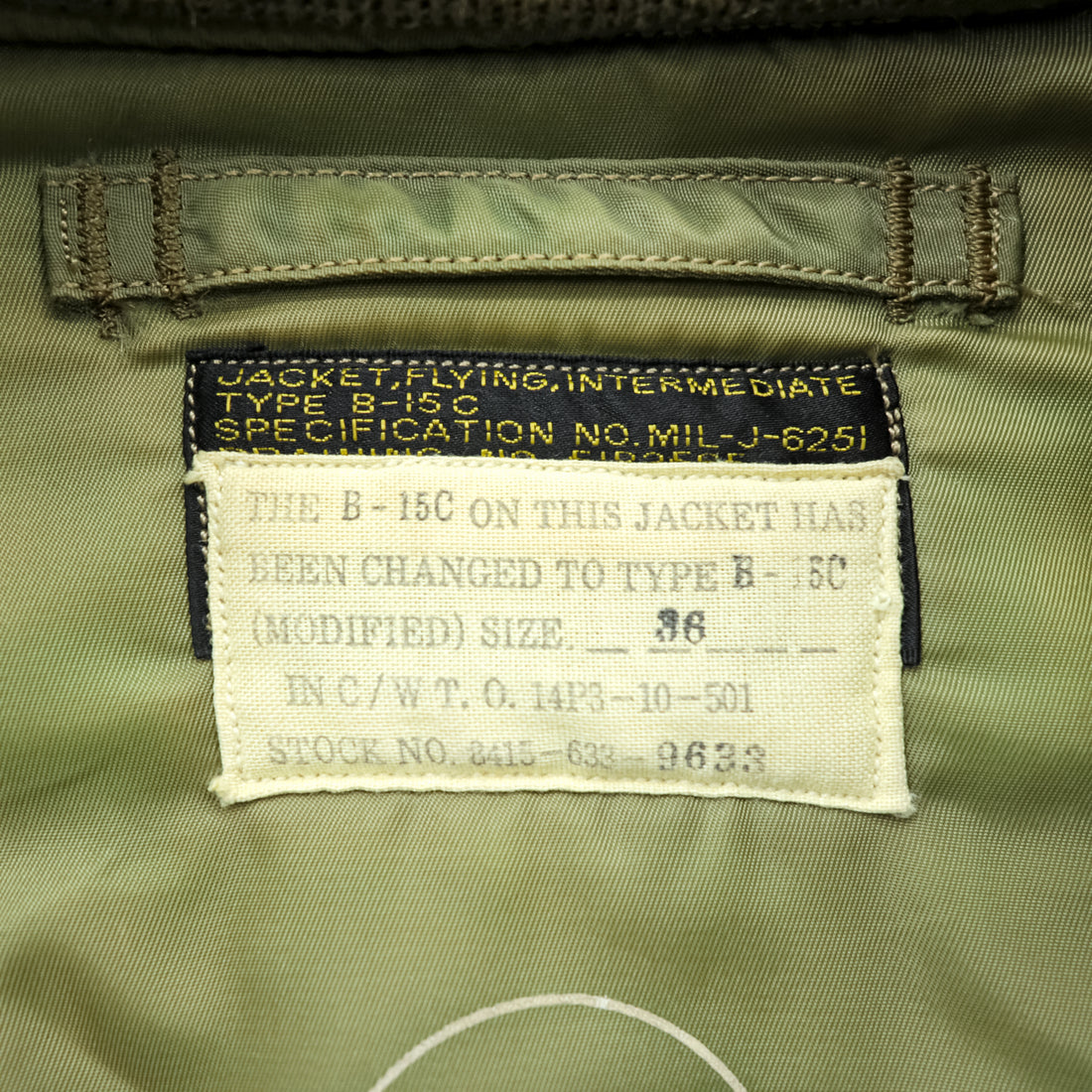 BUZZ RICKSON'S Type B-15C Olive(Modified) フライトジャケット S オリーブドラブ BR15323 ナイロン 中綿 CROWNジップ 復刻 日本製