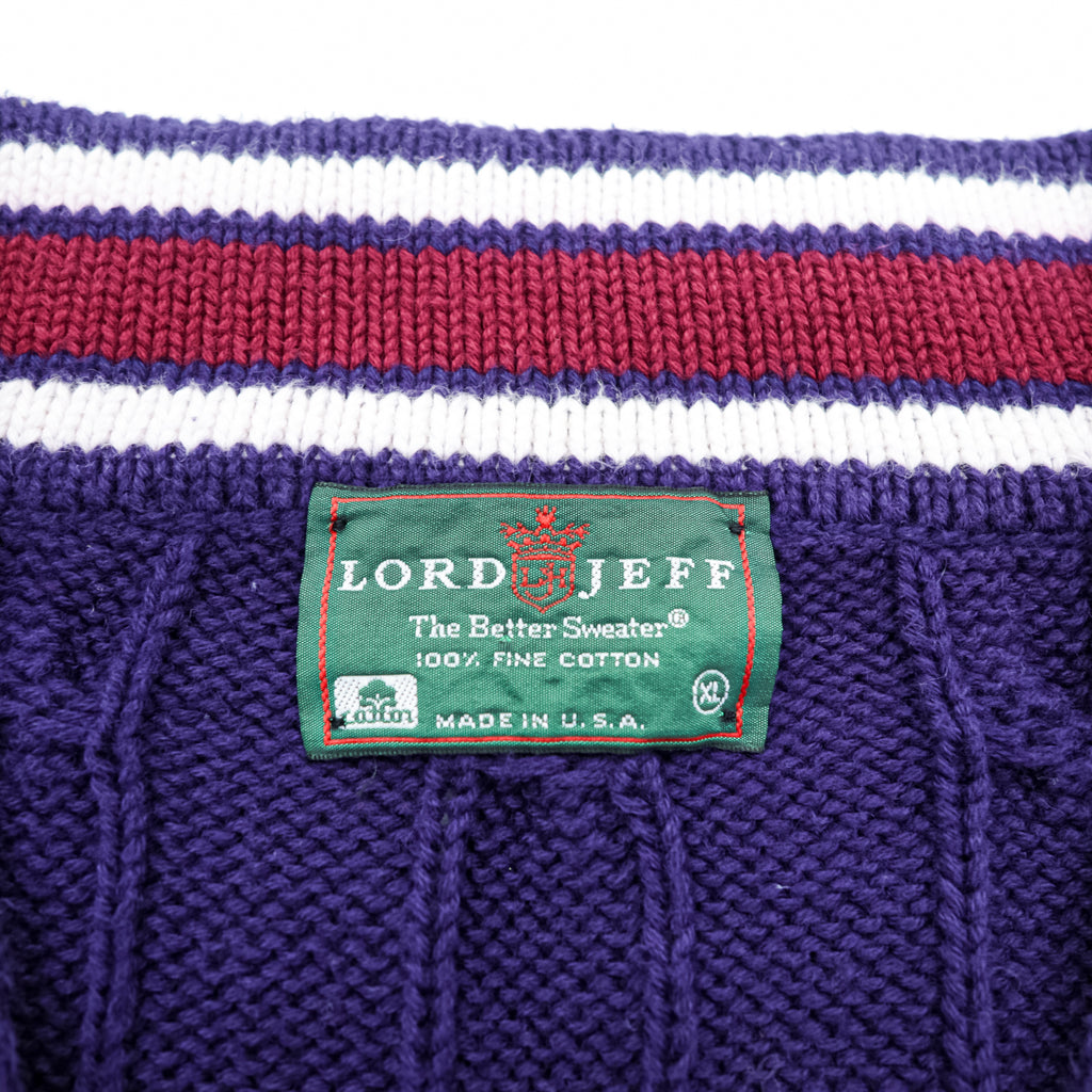 Lord Jeff 90年代 USA製 ヴィンテージ Vネック チルデン ニット セーター XL ネイビー ケーブル編み