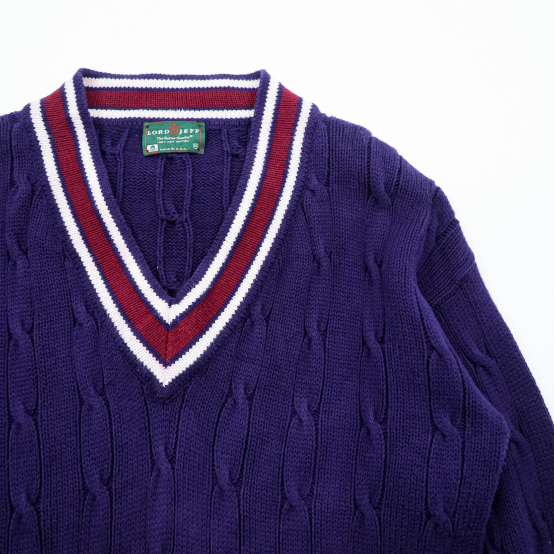 Lord Jeff 90年代 USA製 ヴィンテージ Vネック チルデン ニット セーター XL ネイビー ケーブル編み