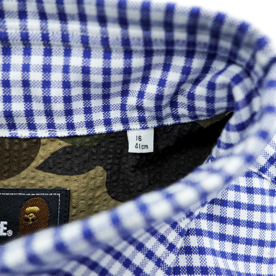 Mr. BATHING APE Gingham Check Button Down Shirt Blue White Camo Yoke Made in Japan BAPE Size 16 L