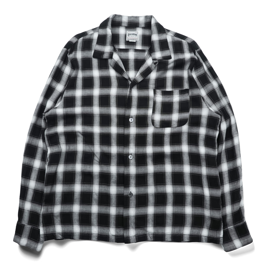 HOUSTON Ombre Check Open Collar Shirt L Black Rayon Chest Pocket Open Collar Boxy 41005