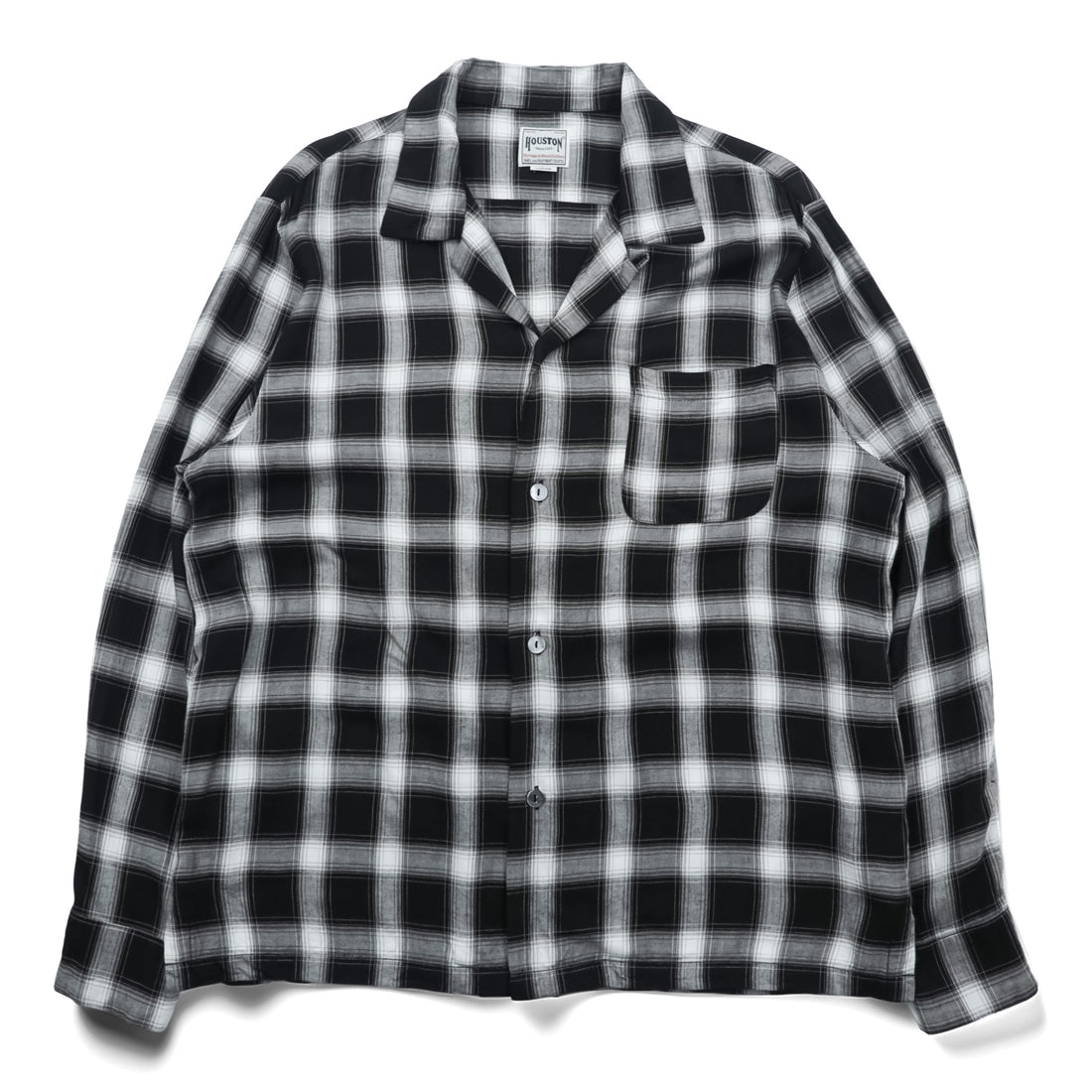 HOUSTON Ombre Check Open Collar Shirt L Black Rayon Chest Pocket Open Collar Boxy 41005