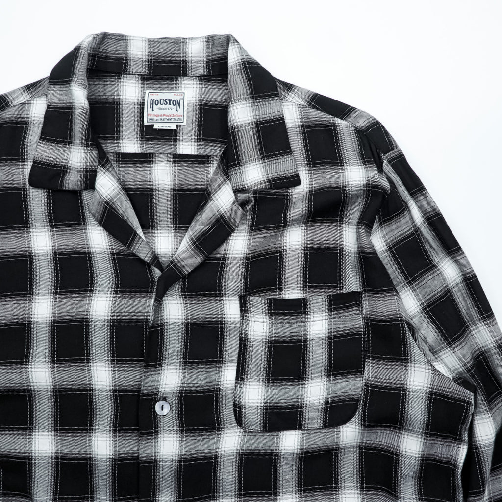 HOUSTON Ombre Check Open Collar Shirt L Black Rayon Chest Pocket Open Collar Boxy 41005