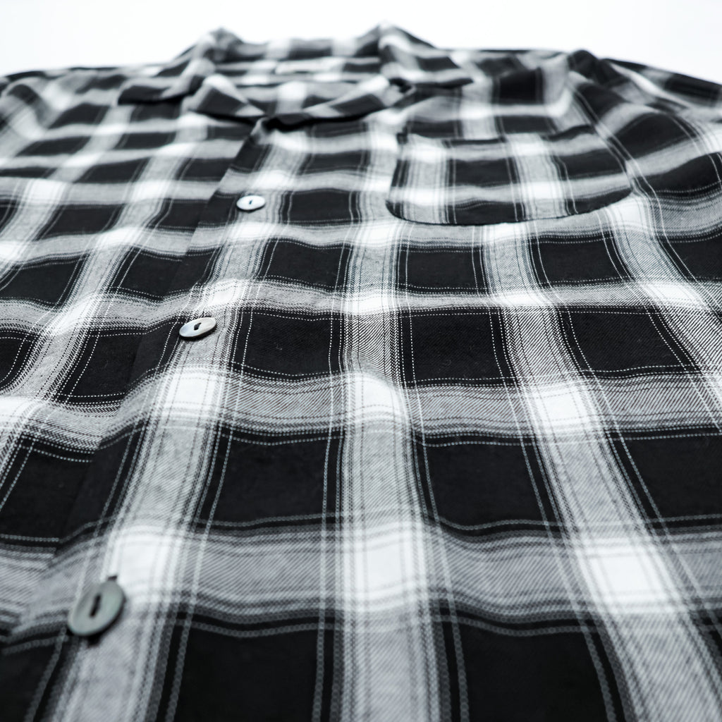 HOUSTON Ombre Check Open Collar Shirt L Black Rayon Chest Pocket Open Collar Boxy 41005