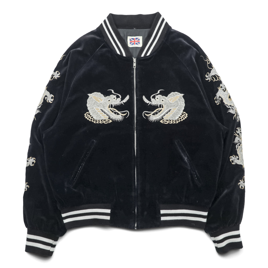 LONDON F.B. 80s Vintage Made in Japan Velour Souvenir Jacket L Black Dragon Embroidery JAPAN YOKOSUKA