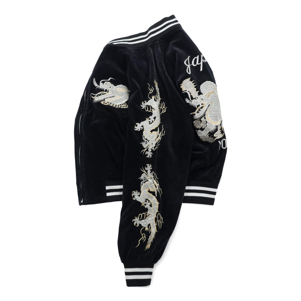 LONDON F.B. 80s Vintage Made in Japan Velour Souvenir Jacket L Black Dragon Embroidery JAPAN YOKOSUKA