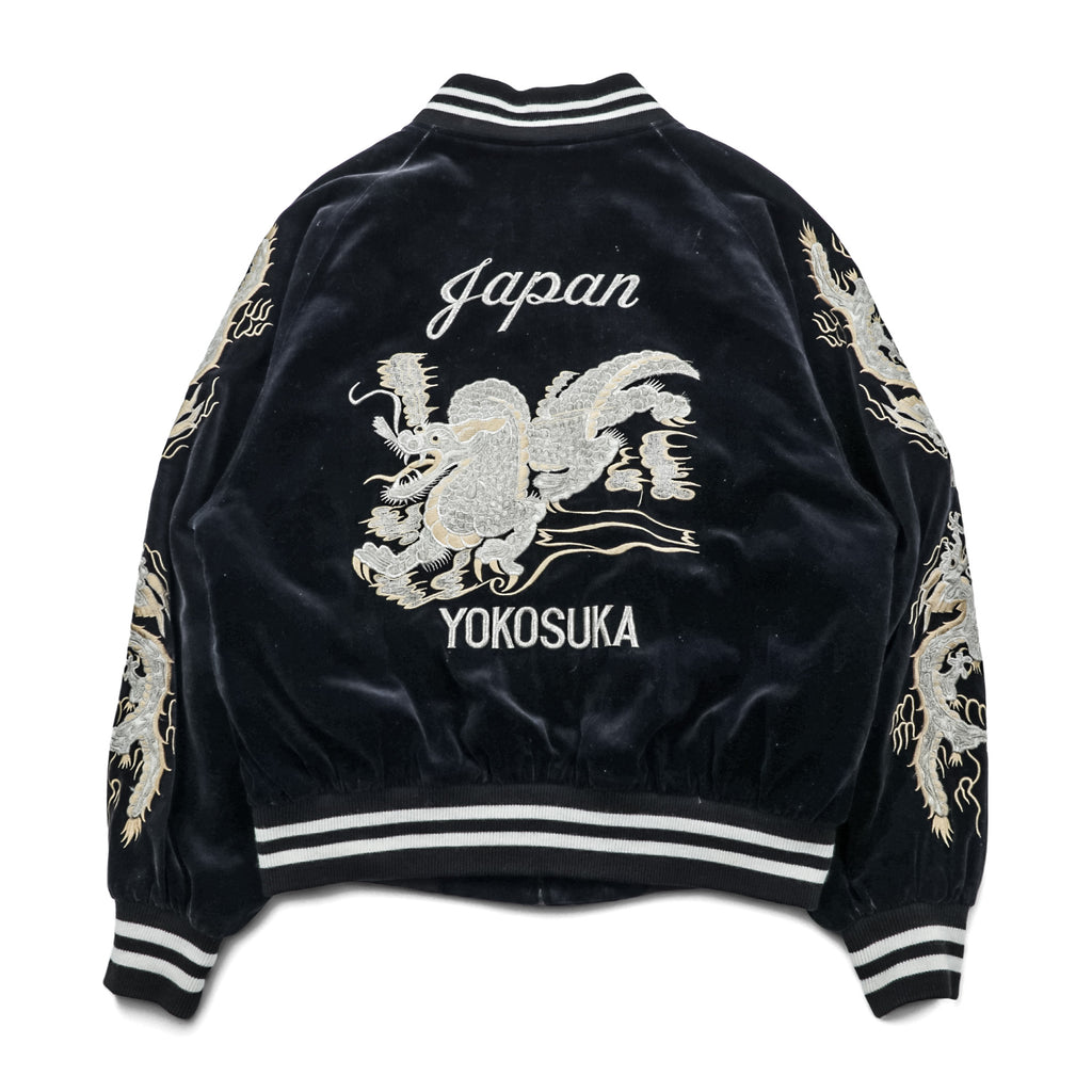 LONDON F.B. 80s Vintage Made in Japan Velour Souvenir Jacket L Black Dragon Embroidery JAPAN YOKOSUKA