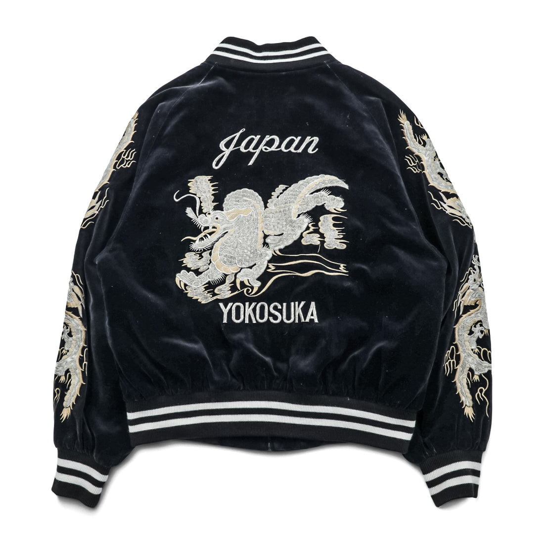 LONDON F.B. 80s Vintage Made in Japan Velour Souvenir Jacket L Black Dragon Embroidery JAPAN YOKOSUKA
