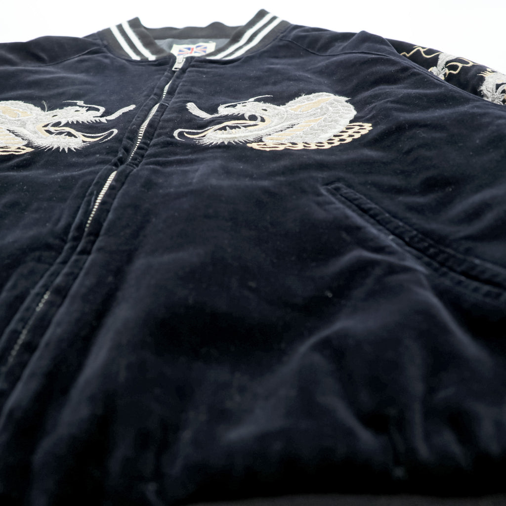 LONDON F.B. 80s Vintage Made in Japan Velour Souvenir Jacket L Black Dragon Embroidery JAPAN YOKOSUKA