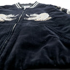 LONDON F.B. 80s Vintage Made in Japan Velour Souvenir Jacket L Black Dragon Embroidery JAPAN YOKOSUKA