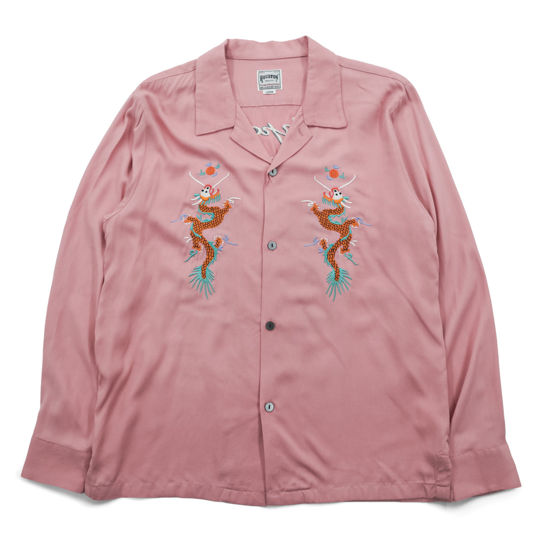 HOUSTON Japan Souvenir Shirt Rayon Pink Dragon Tiger Hawk Fuji Embroidery Men's L 40999