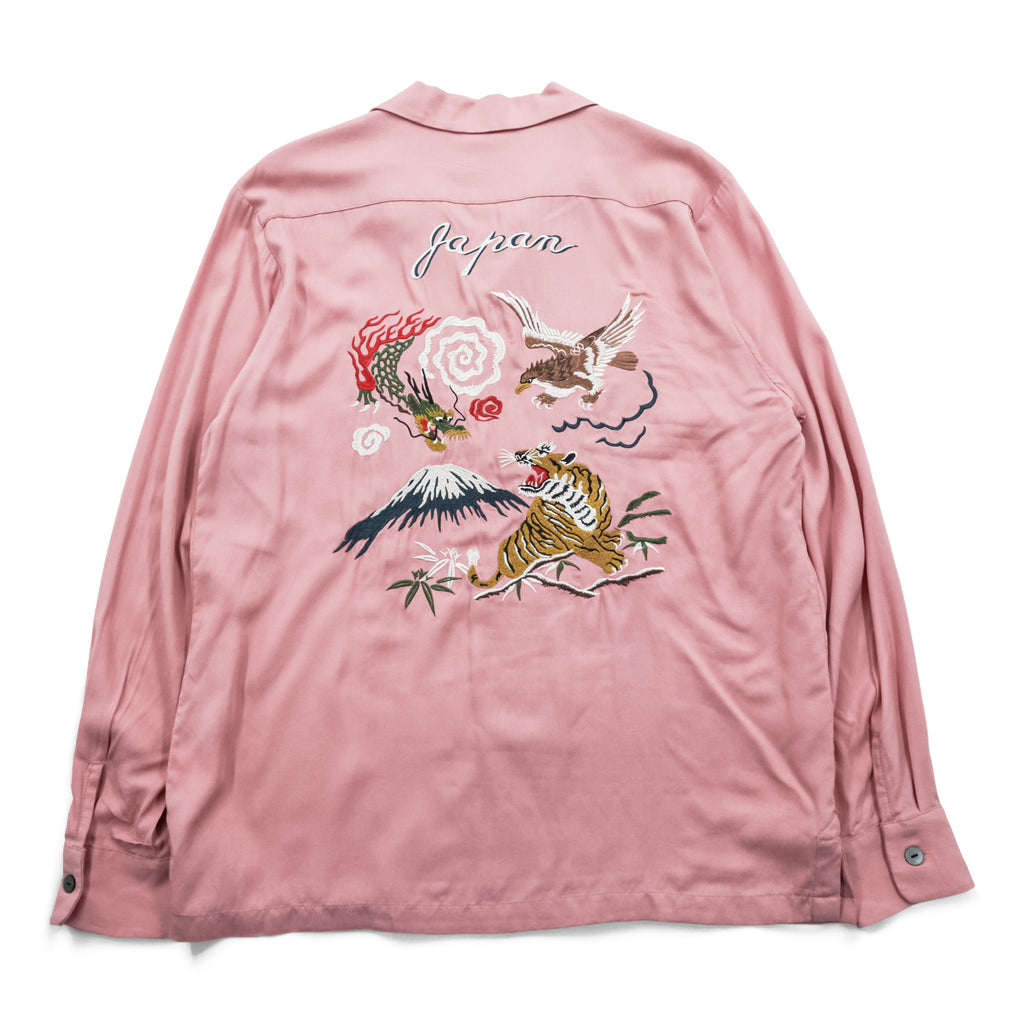 HOUSTON Japan Souvenir Shirt Rayon Pink Dragon Tiger Hawk Fuji Embroidery Men's L 40999
