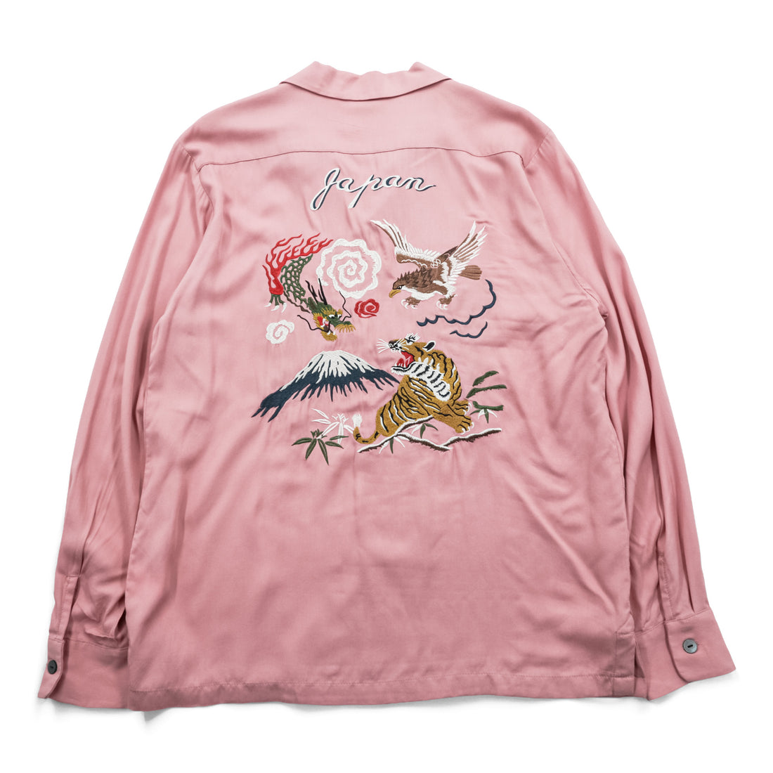 HOUSTON Japan Souvenir Shirt Rayon Pink Dragon Tiger Hawk Fuji Embroidery Men's L 40999