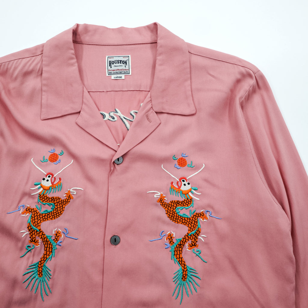 HOUSTON Japan Souvenir Shirt Rayon Pink Dragon Tiger Hawk Fuji Embroidery Men's L 40999