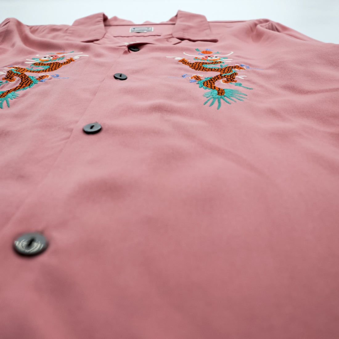 HOUSTON Japan Souvenir Shirt Rayon Pink Dragon Tiger Hawk Fuji Embroidery Men's L 40999