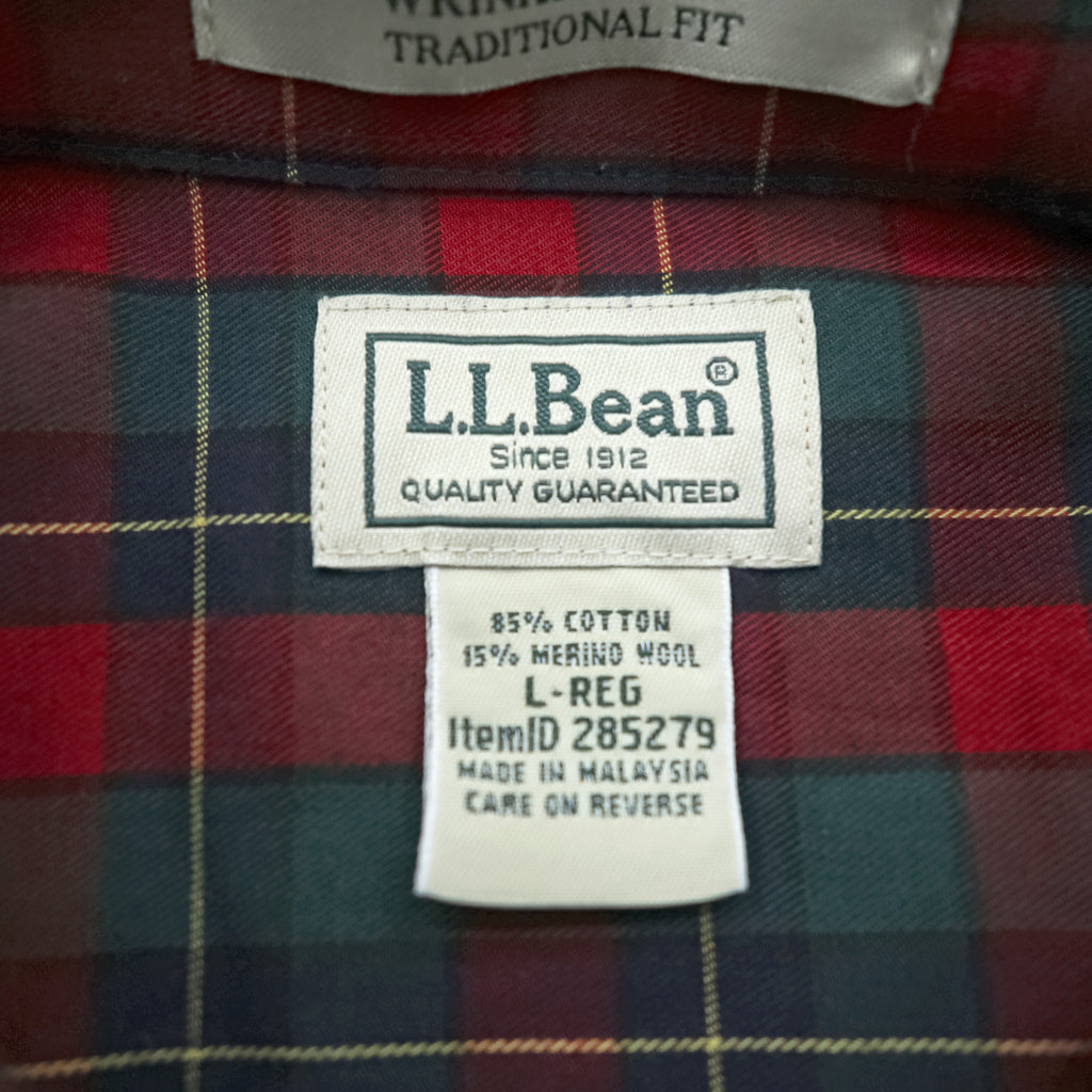 L.L.Bean Merino Wool Button-Down Shirt, Size L, Plaid, Chest Pocket, TRADITIONAL FIT, 285279, WRINKLE FREE