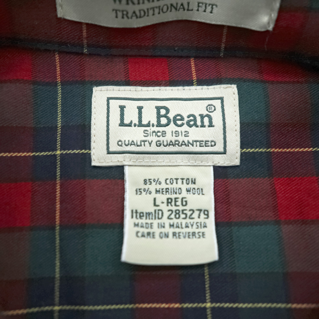 L.L.Bean Merino Wool Button-Down Shirt, Size L, Plaid, Chest Pocket, TRADITIONAL FIT, 285279, WRINKLE FREE