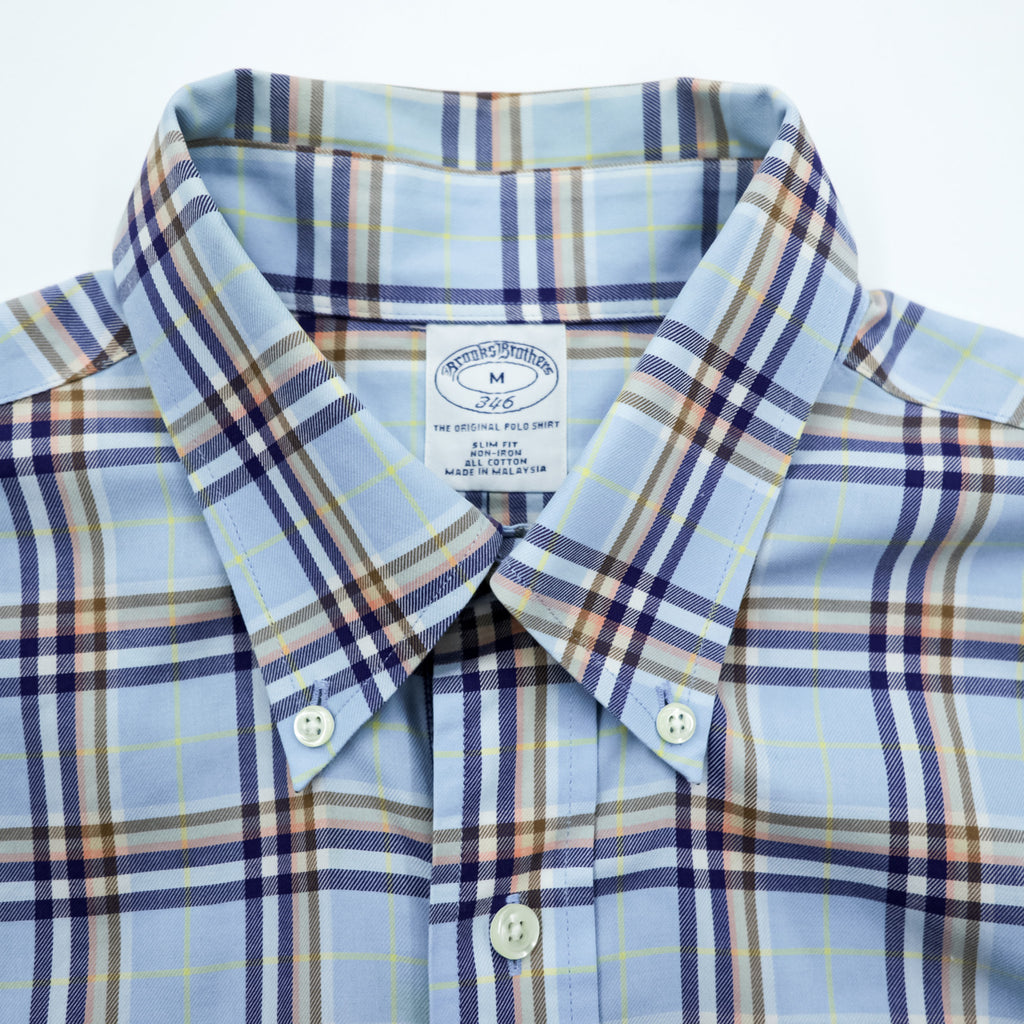 Brooks Brothers ボタンダウンシャツ M チェック ブルー コットン 胸ポケット ノンアイロン