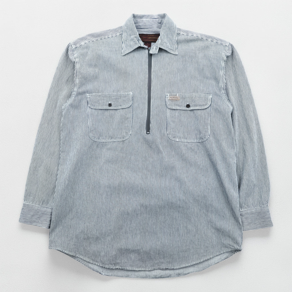90s FIVE BROTHER Hickory Half-Zip Work Shirt Pullover XL and up White, Blue BY SAPKO INTERNATIONAL