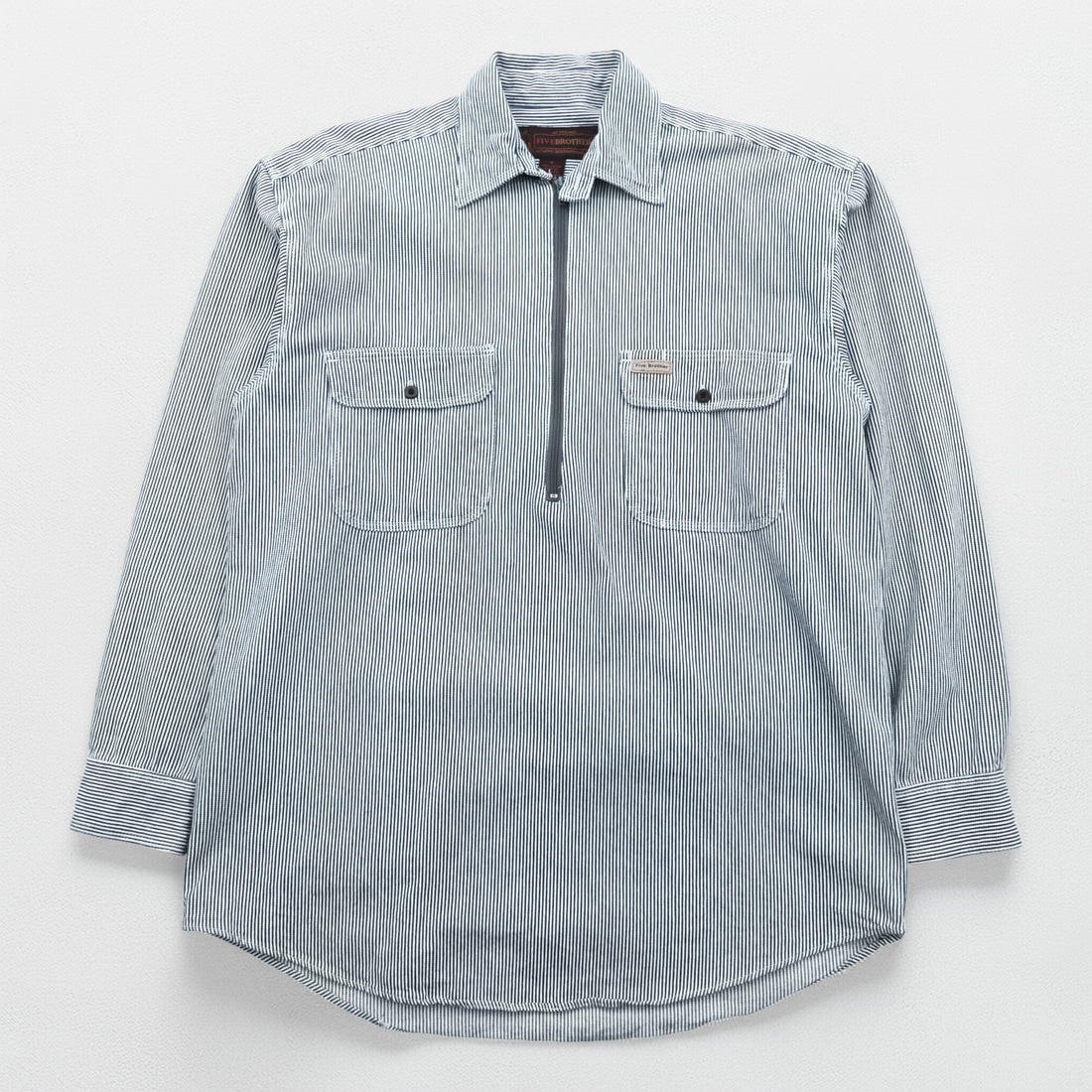 90s FIVE BROTHER Hickory Half-Zip Work Shirt Pullover XL and up White, Blue BY SAPKO INTERNATIONAL