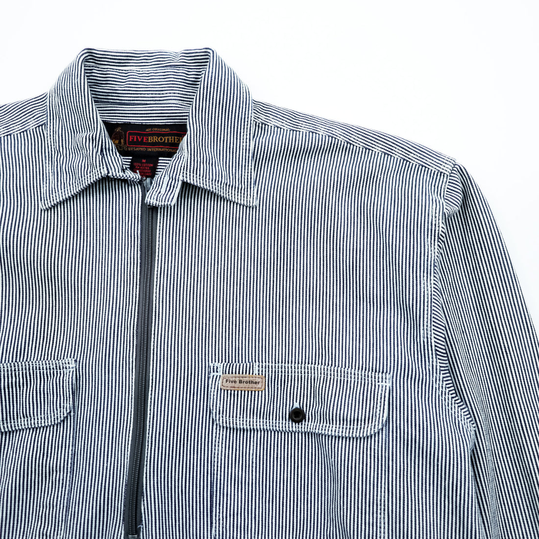 90s FIVE BROTHER Hickory Half-Zip Work Shirt Pullover XL and up White, Blue BY SAPKO INTERNATIONAL