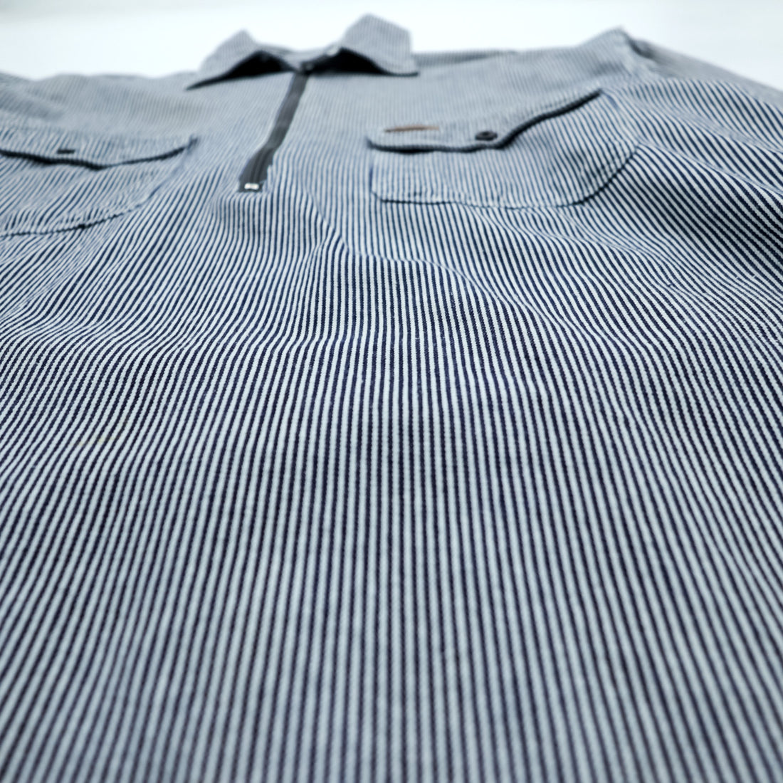 90s FIVE BROTHER Hickory Half-Zip Work Shirt Pullover XL and up White, Blue BY SAPKO INTERNATIONAL