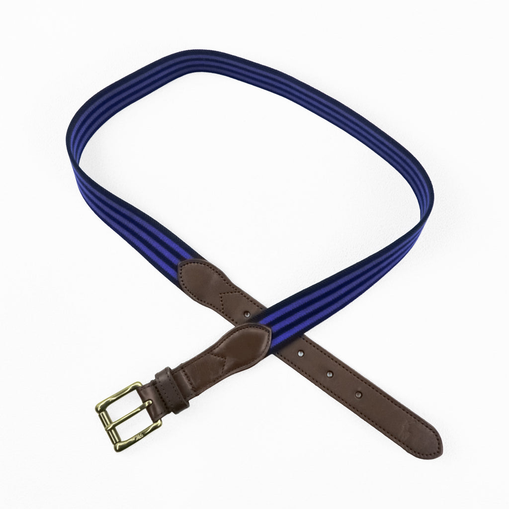 Polo Ralph Lauren レザー 伸縮 リボンベルト ストライプ ブルー 真鍮 ゴールド バックル