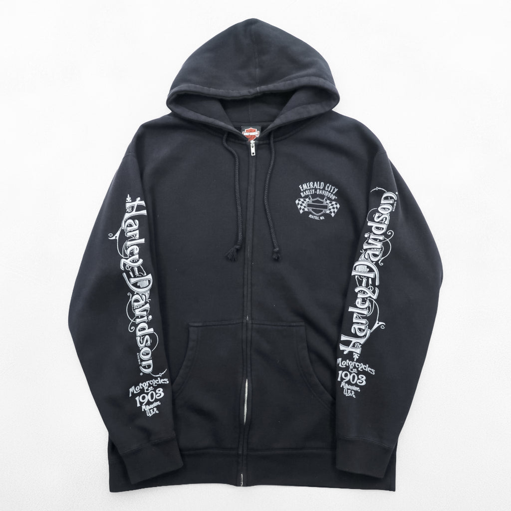 HARLEY DAVIDSON ジップパーカー L ブラック スリーブ プリント バックロゴ Bravado製 EMERALD CITY