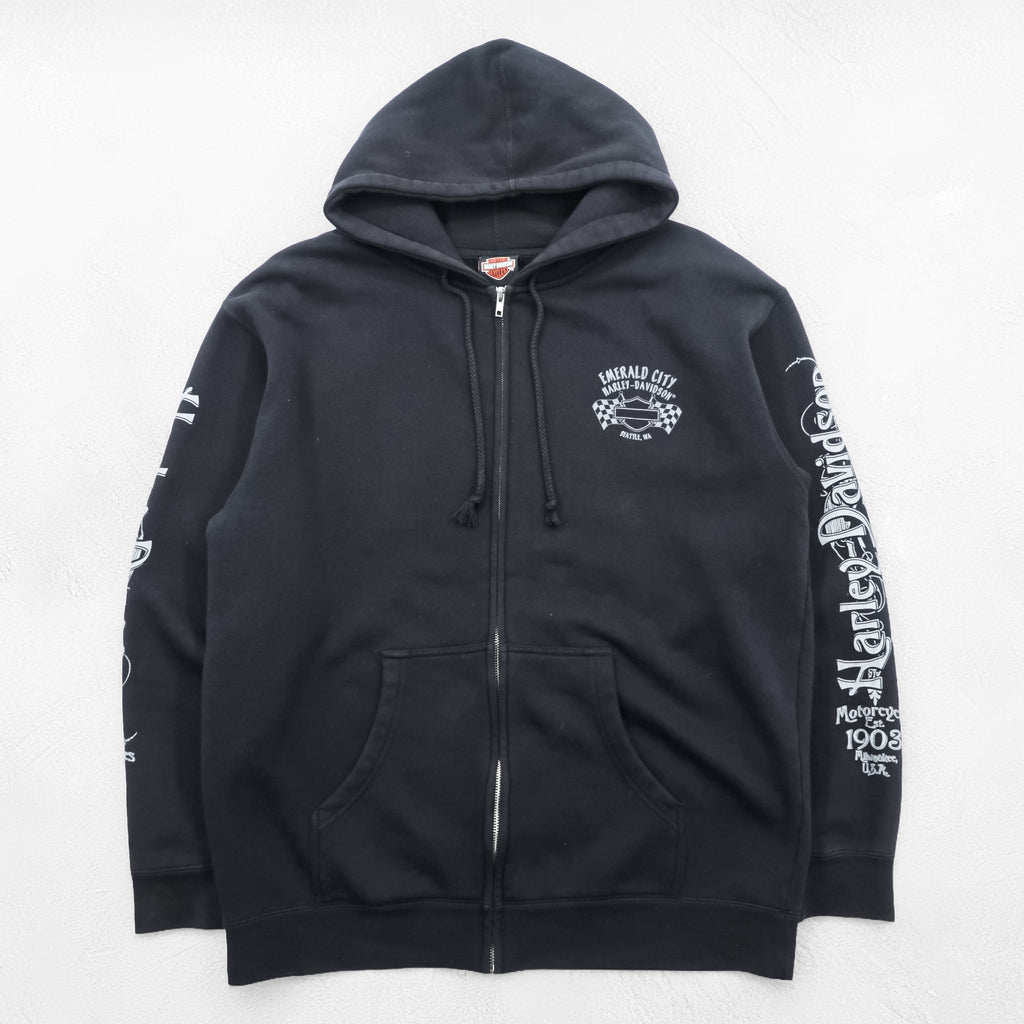 HARLEY DAVIDSON ジップパーカー L ブラック スリーブ プリント バックロゴ Bravado製 EMERALD CITY